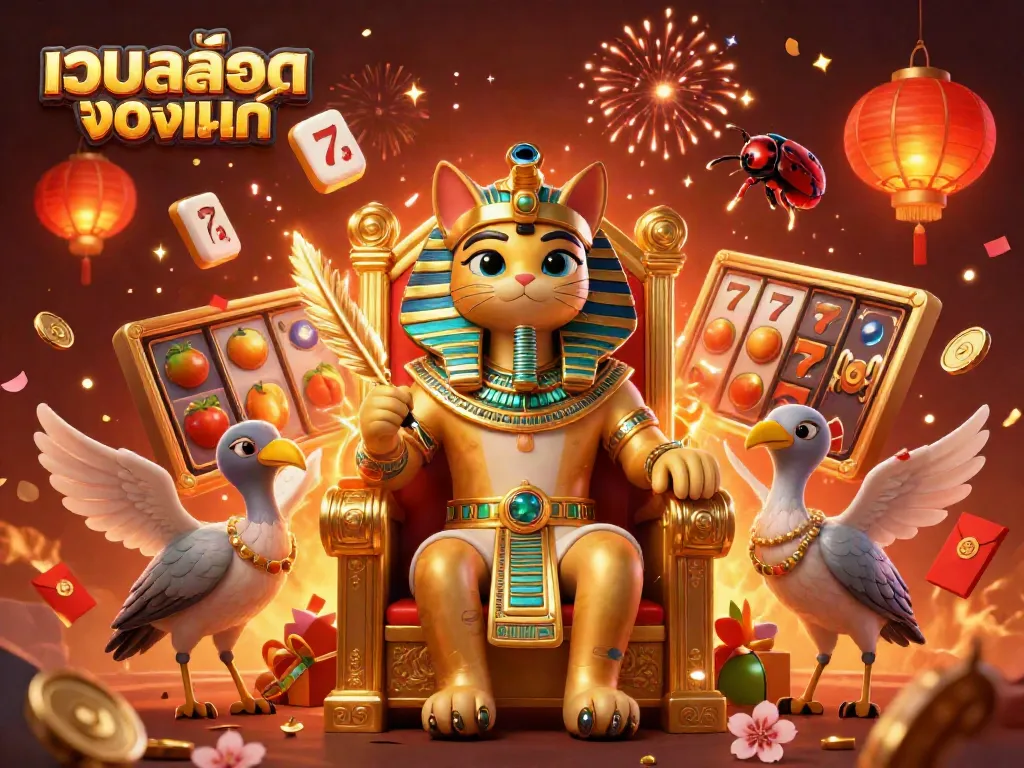 ภาพ 3D ของแมวฟาโรห์นั่งบนบัลลังก์ทอง พร้อมอักขระเอไบส์ถือพู่กันทอง และสัญลักษณ์สล็อต