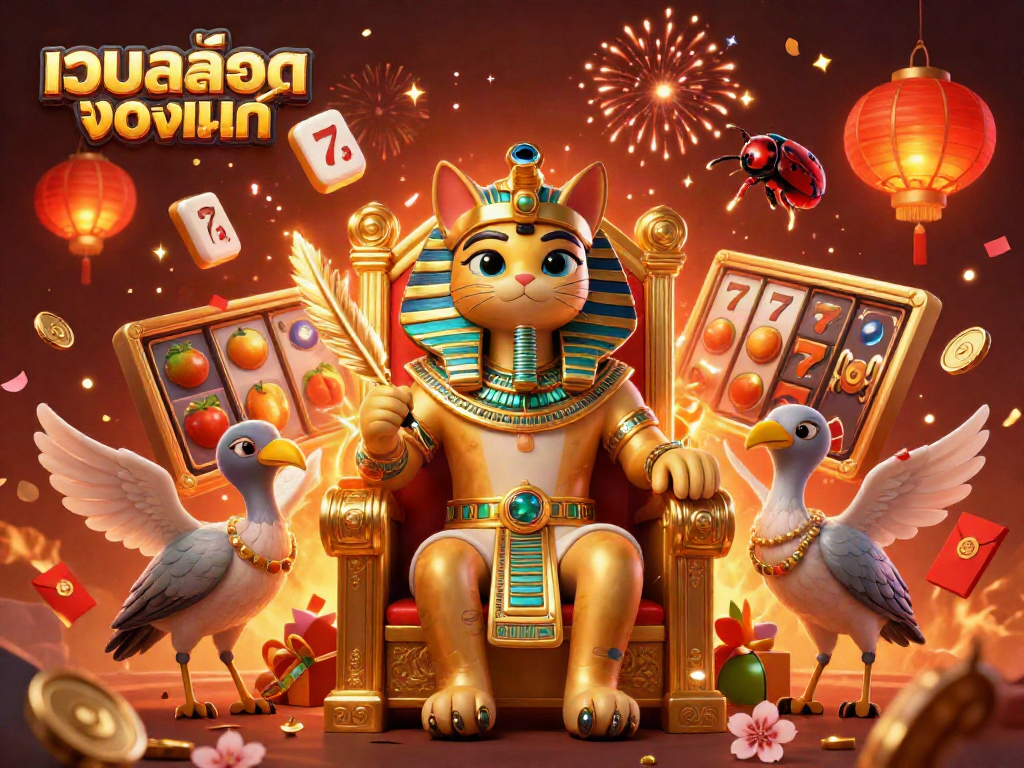 ภาพ 3D ของแมวฟาโรห์นั่งบนบัลลังก์ทอง พร้อมอักขระเอไบส์ถือพู่กันทอง และสัญลักษณ์สล็อต
