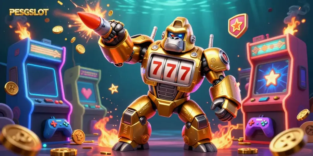 Gorila emas mekanik PESGSLOT melawan mesin arcade, menyebarkan koin keberuntungan.