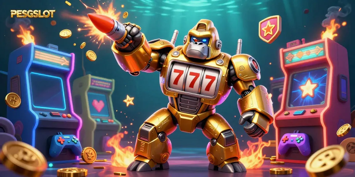 Gorila emas mekanik PESGSLOT melawan mesin arcade, menyebarkan koin keberuntungan.