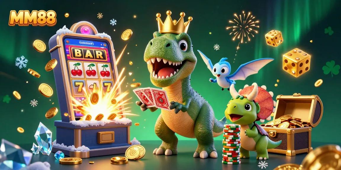 Engage with MM88 through a fun cartoon scene featuring a T-Rex and friends at a vibrant casino.