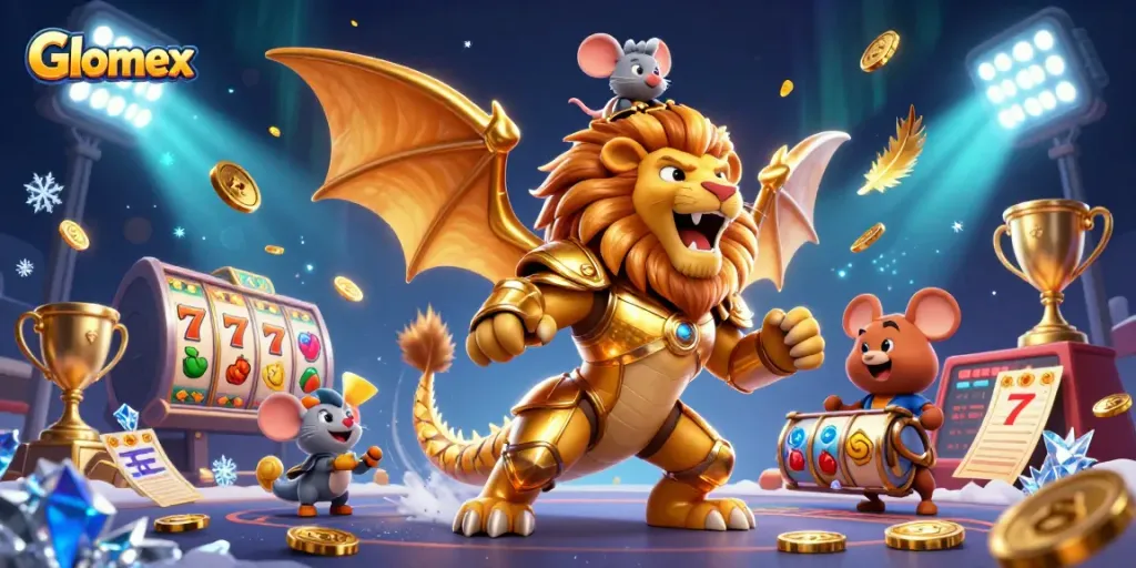 Experience the thrill of Glomex through a 3D cartoon illustration of a roaring chimera amidst vibrant slot elements.