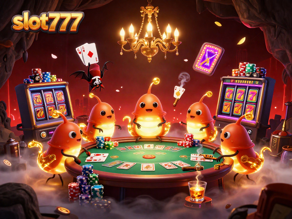Experience the excitement of slot777 with animated glowworms and vibrant casino elements.