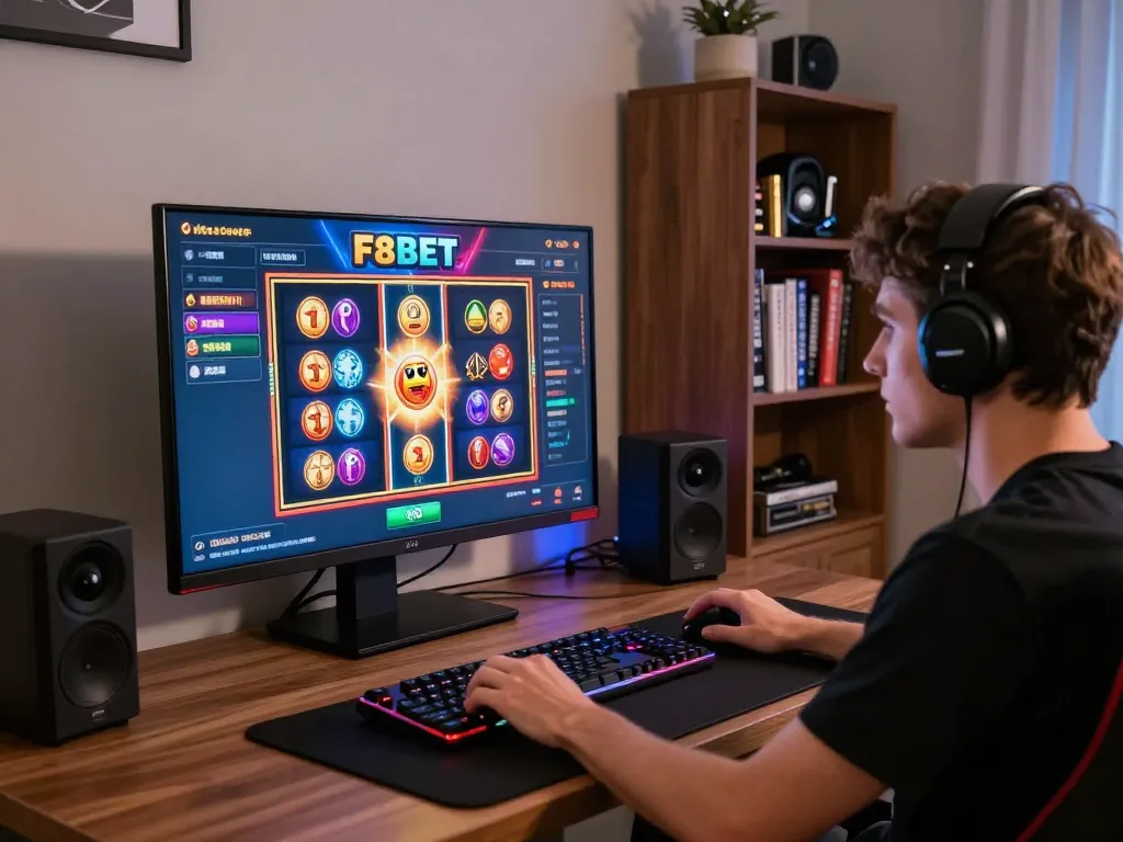 Engaged player enjoying F8BET online casino games in a cozy home gaming setup.