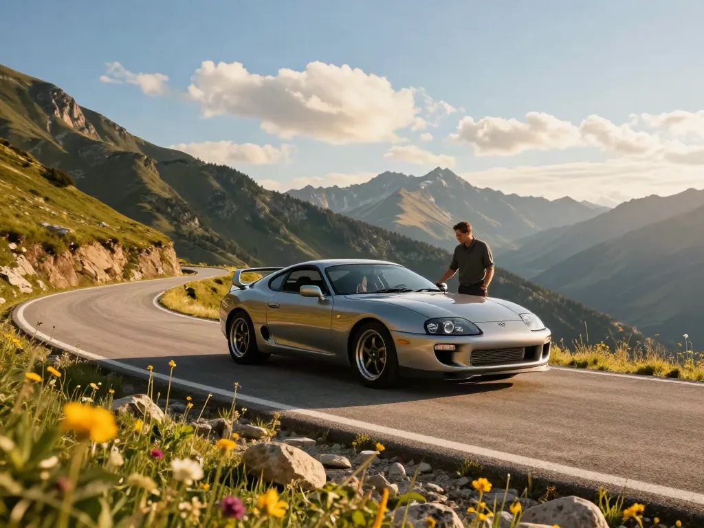 The A80 platform showcased in a dynamic mountain scene with an enthusiast examining the Toyota Supra, surrounded by stunning natural landscapes.