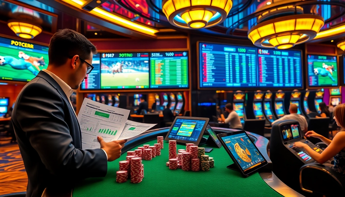 Professional analyzing betting slip with dynamic Nhà cái cá cược thể thao sportsbook odds in luxury casino