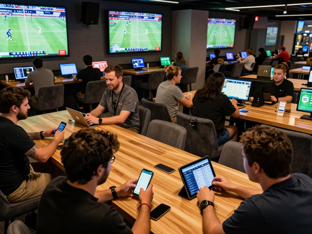 People engaging in live sports betting at a contemporary lounge while using mposport apps on digital devices