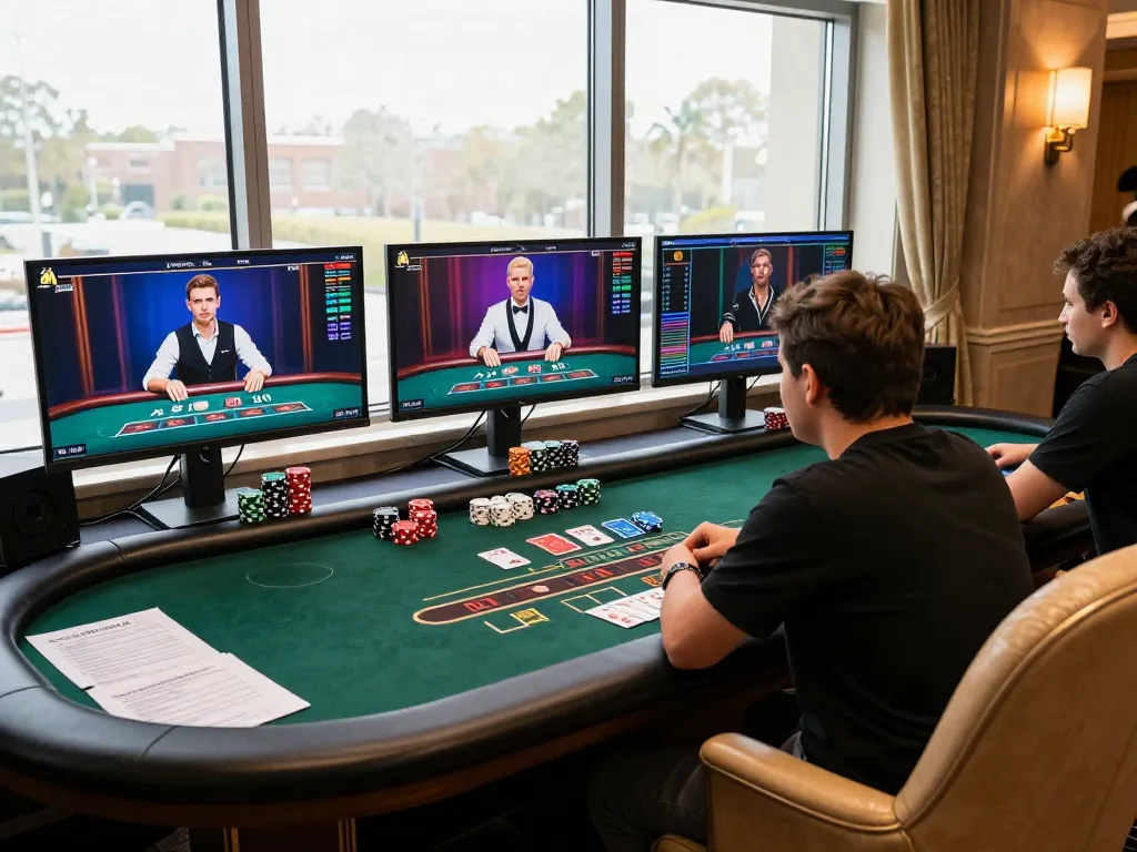 Juraganbet88 player engaged in a thrilling blackjack game at a modern gaming setup, showcasing immersive online gambling experience.