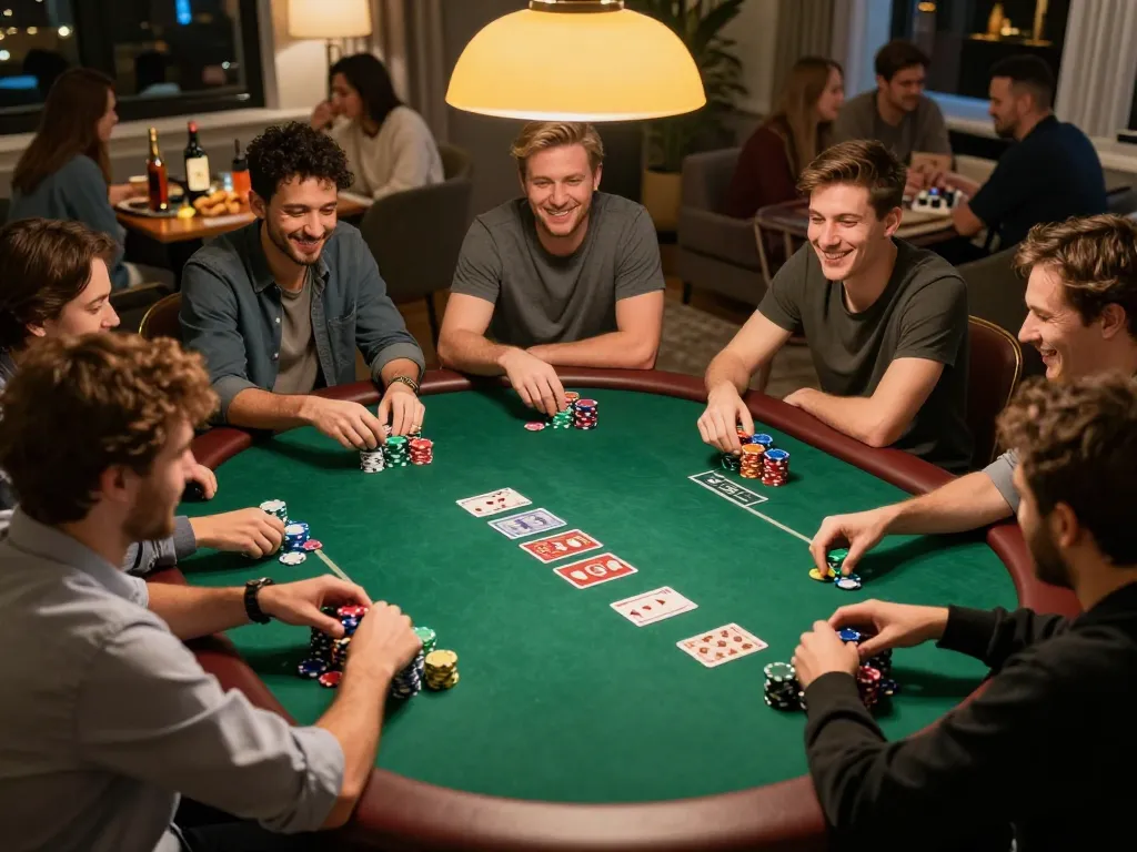Players enjoy an intense poker game at home with n188 chips and community cards visible