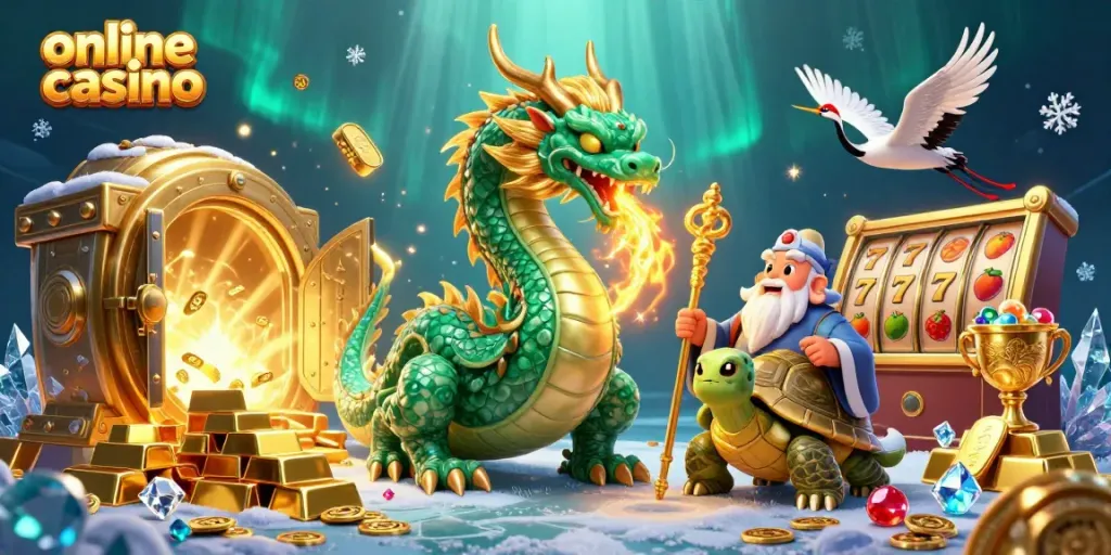 Experience a vibrant online casino scene with a jade dragon, turtle sage, and lucky cranes.
