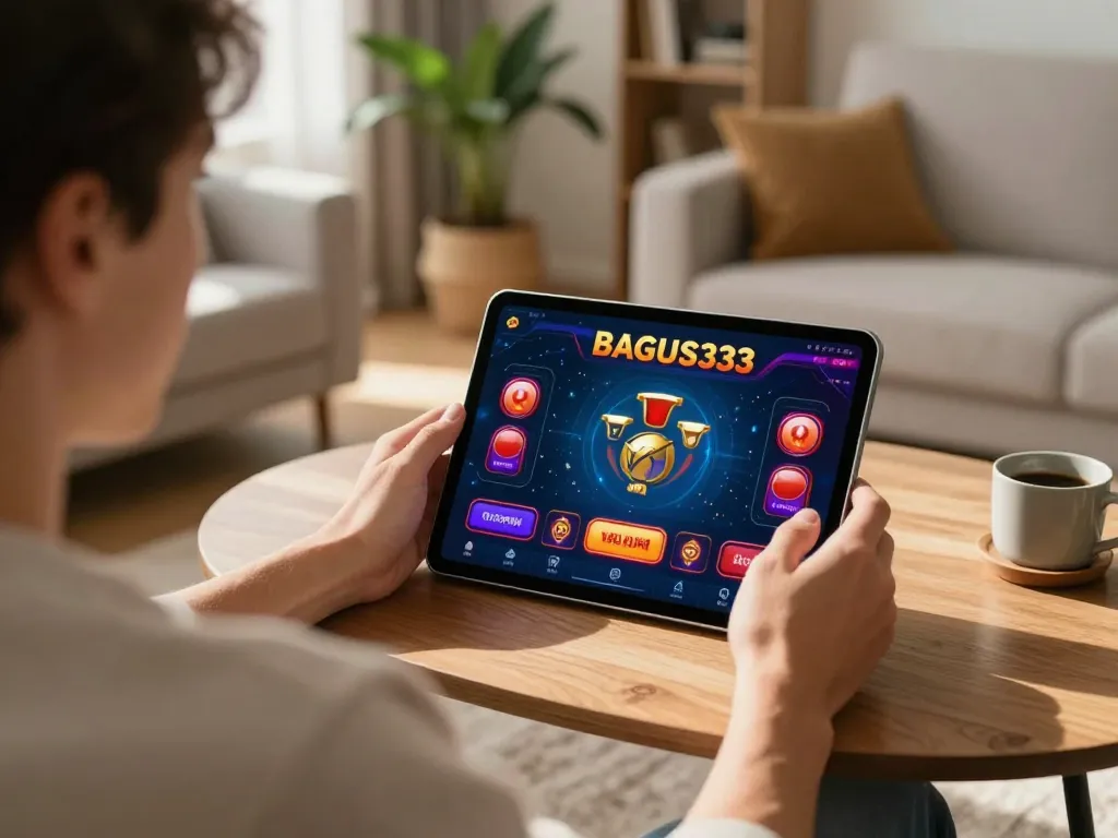 Terlibat dalam permainan dinamis dengan aplikasi kasino BAGUS333 di tablet, terbenam dalam lingkungan permainan di rumah.
