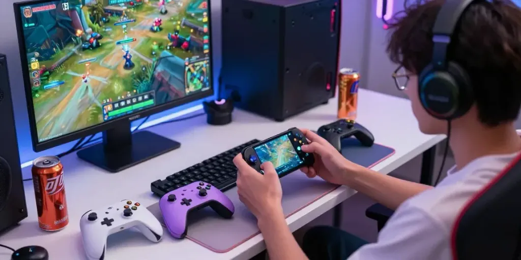 Engaged player using ORION88 mobile APK in a vibrant gaming setup.