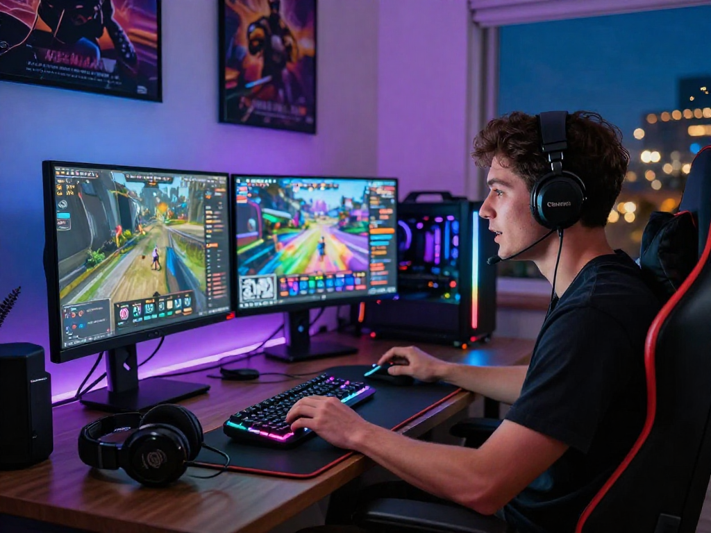 Inspiring gaming scene at mpocash.blog with an excited gamer, dual monitors, and vibrant RGB lighting.