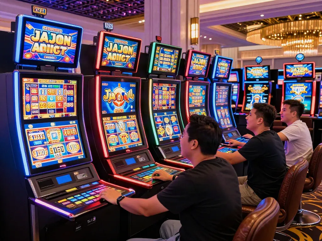 Lucky777 gameplay excitement in a vibrant casino with modern slot machines.