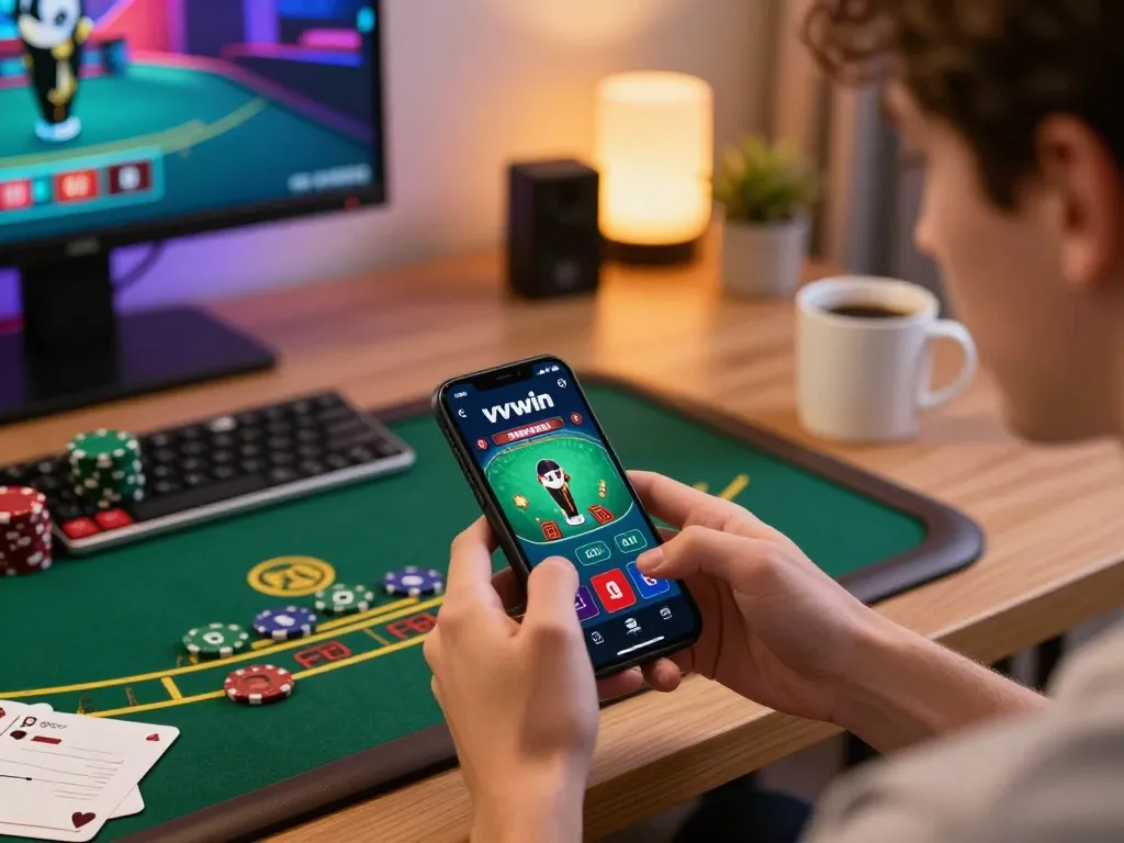 Engaged player using vvvwin app for strategic blackjack gameplay at home, showcasing modern gaming setup