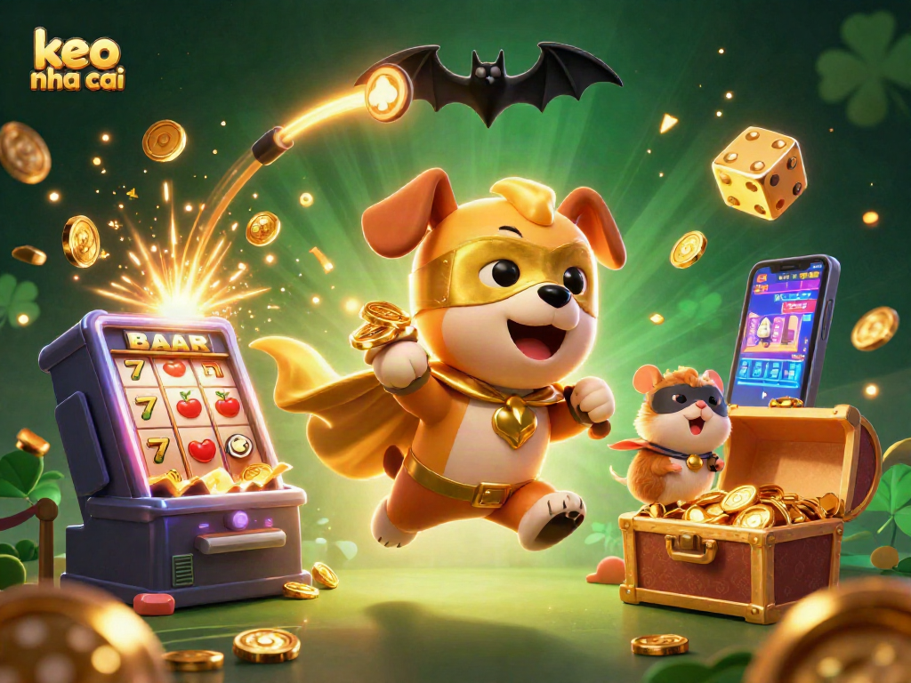 Engage in exciting gameplay with keo nha cai, where the superhero dog and sidekick celebrate winnings among vibrant casino elements.