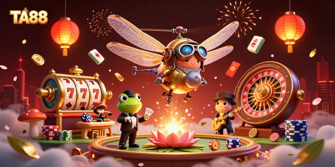 TA88 casino scene with a dragonfly pilot, frog croupier, and vibrant gaming elements.