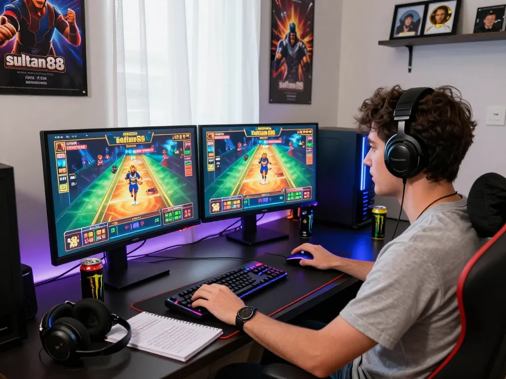 Excited player engaged in sultan88 online gaming, dual monitors showcasing colorful graphics and gaming accessories.