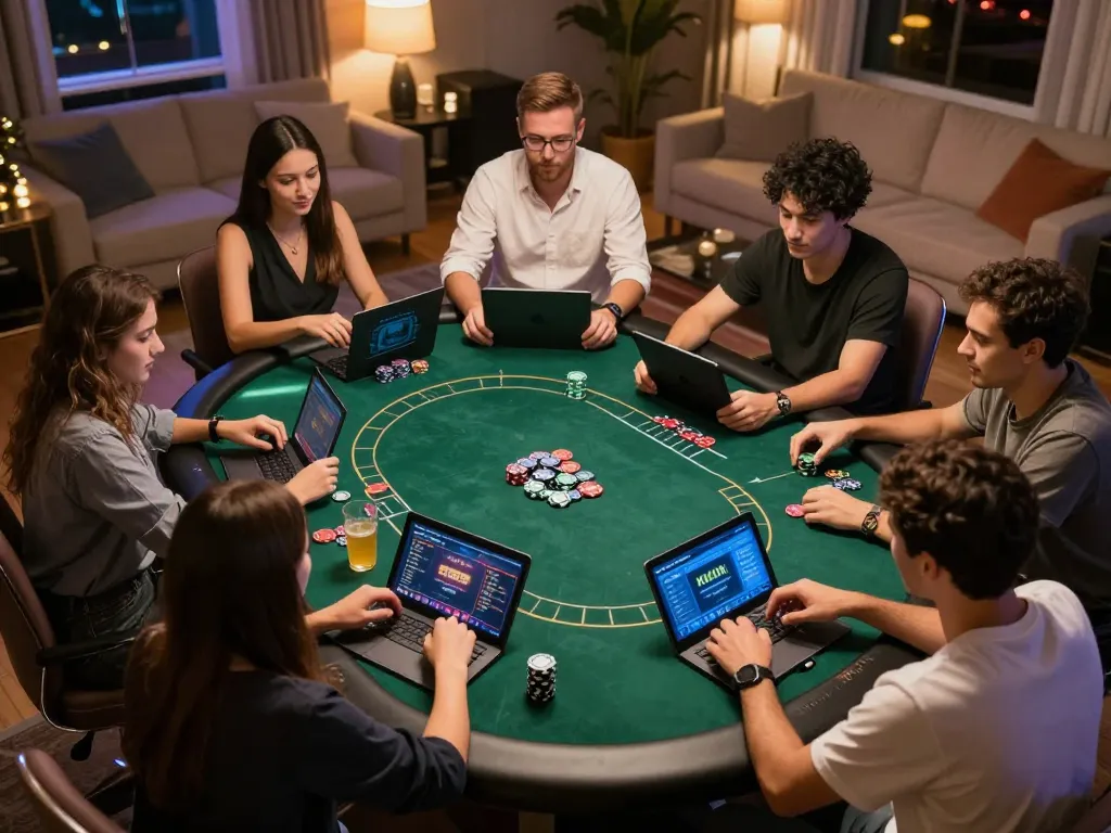 Kuwin players enjoying an online poker night with laptops and drinks in a social environment.