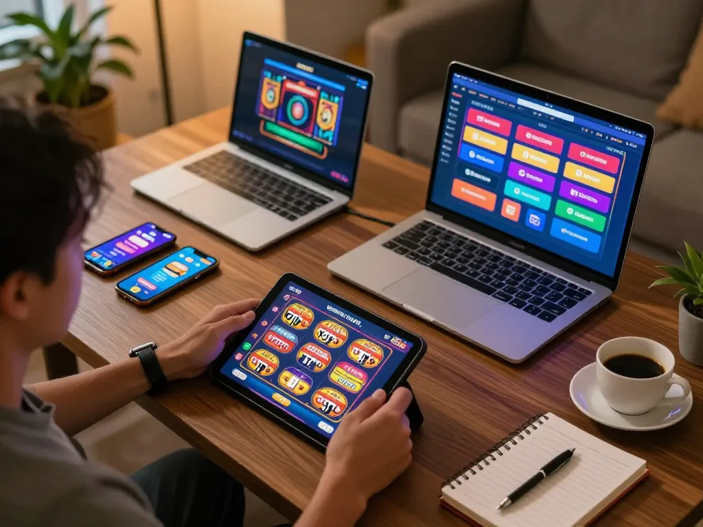 KDTOTO player engaging with Toto and slot games, showcasing colorful online interface and cozy surroundings.