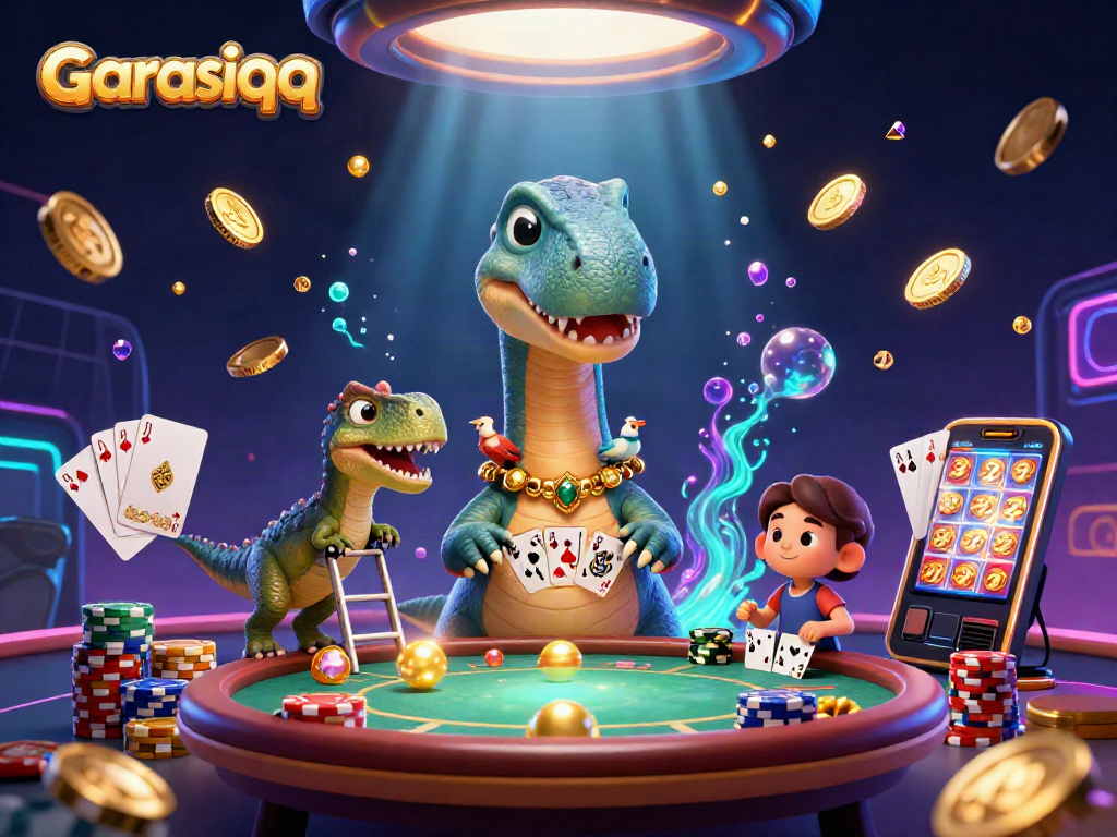 Experience the excitement of garasiqq with a giant brontosaurus, cards, and casino elements creating a vibrant scene.