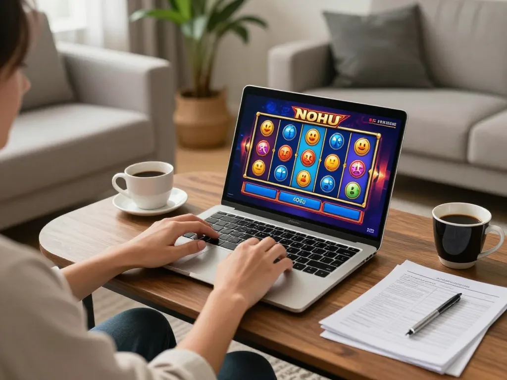 Engaging in nohu gaming with vibrant graphics on a laptop in a cozy living room setting.