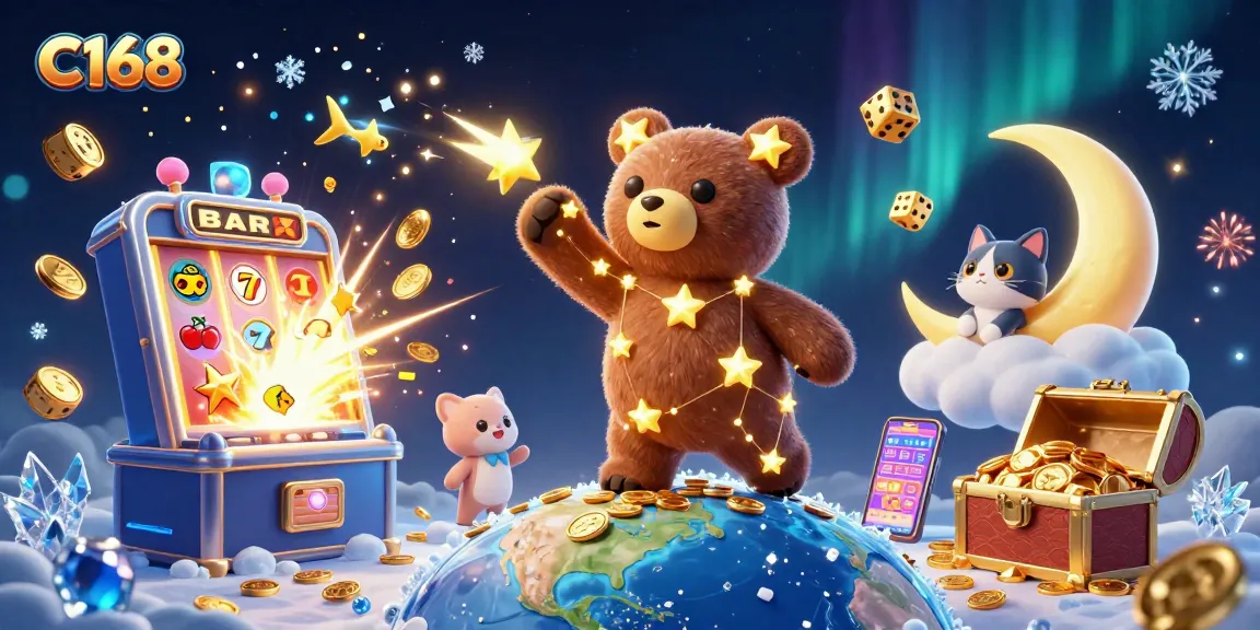 Snag jackpots at C168 with a captivating cosmic theme featuring stars, slots, and treasure!