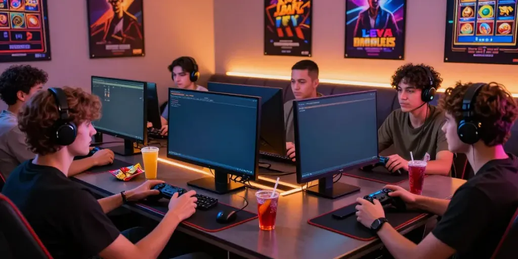 Group engaging in akunjp online gaming session with snacks and drinks