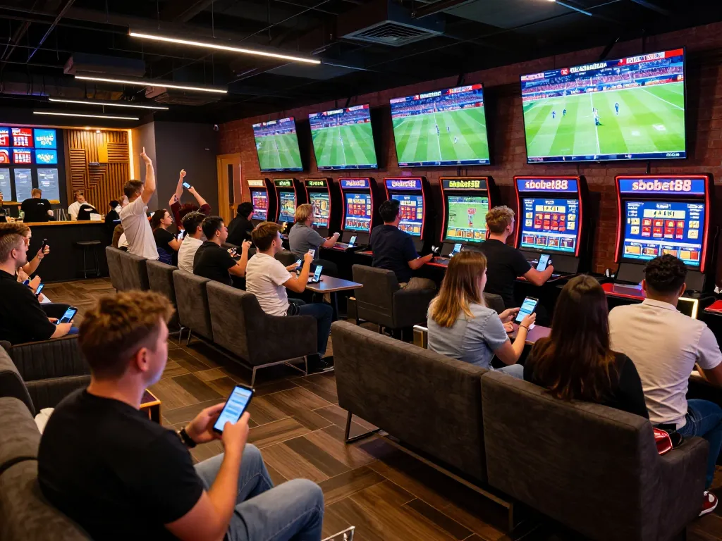 SBOBET88 exciting sports betting lounge with fans cheering and using mobile apps