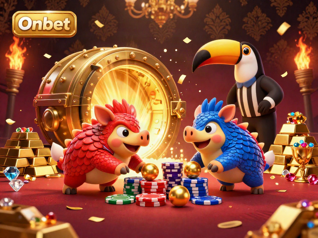 Engaging action in Onbet as rival pangolins roll golden balls through poker chips under the guidance of a toucan referee.