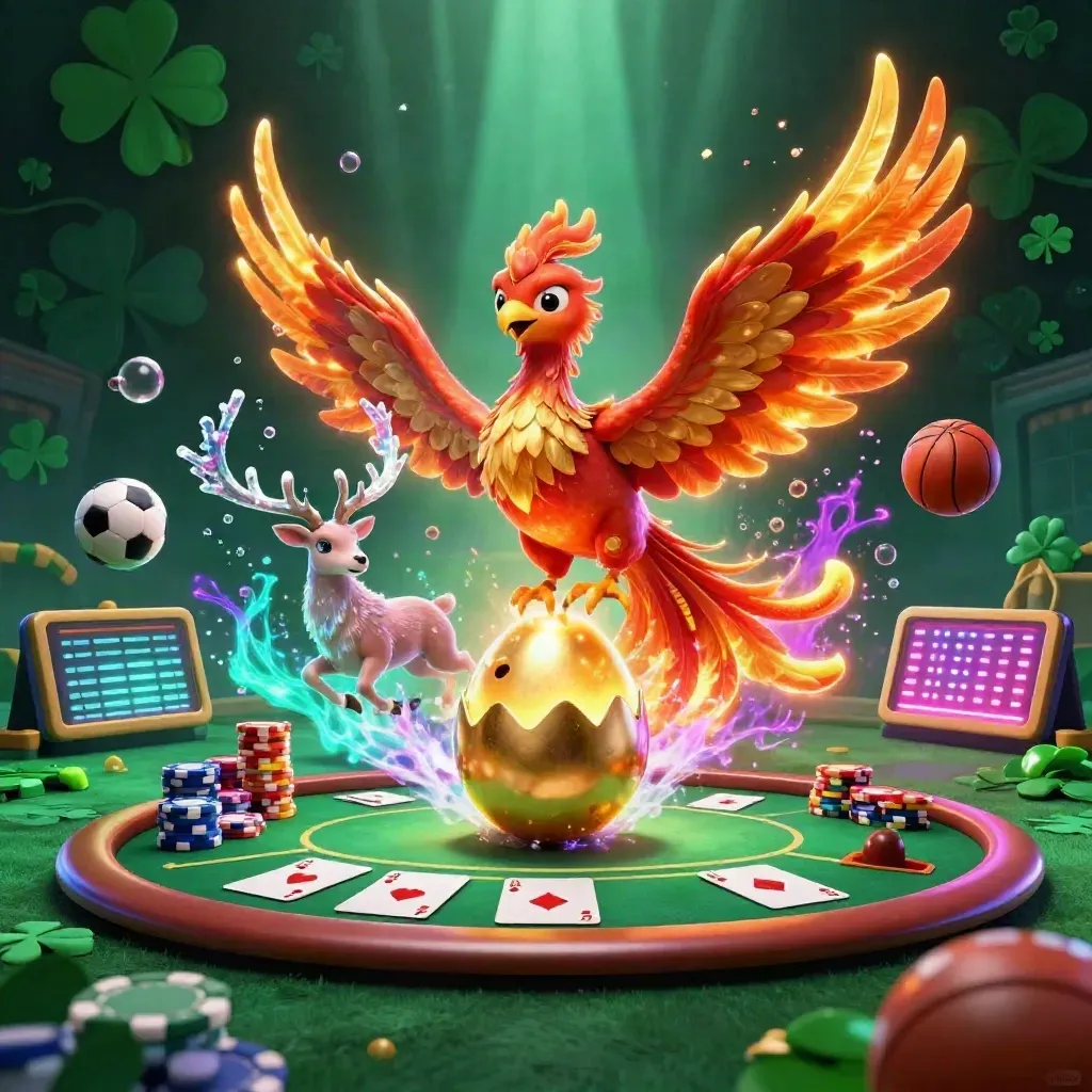 Fantasy phoenix, hatching chick and crystal stag amid flying casino chips and sports balls.