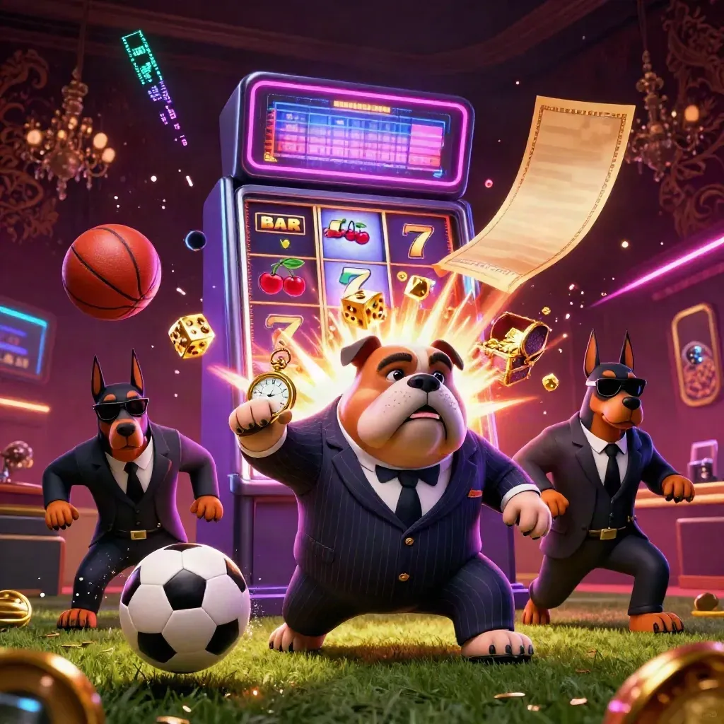 Cartoon bulldog boss and Dobermans amid slot burst, flying balls, gold, and neon casino glow