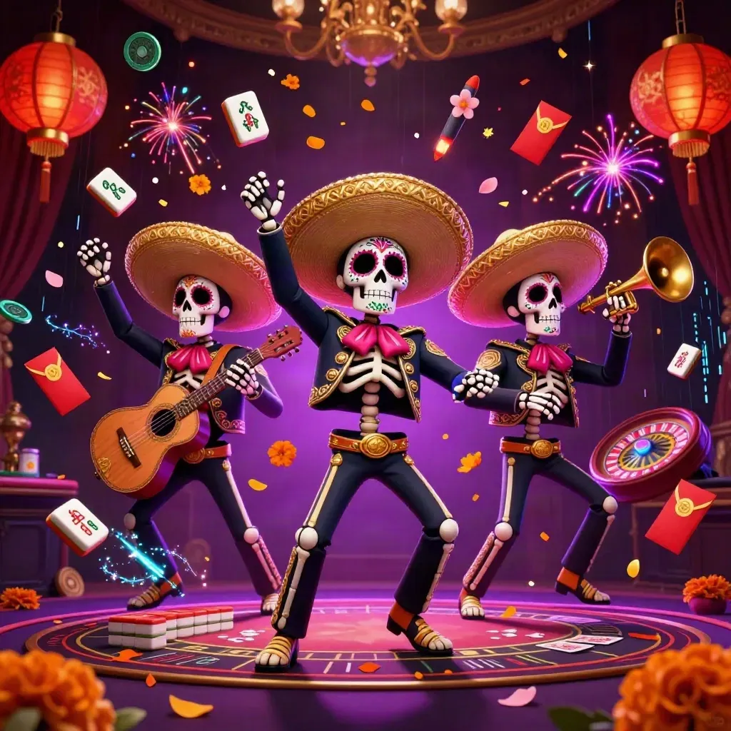 Skeleton mariachi trio bursting amid casino treasures, neon light, and dark luxe damask background