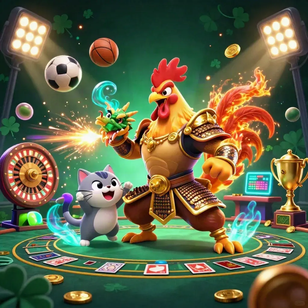 Rooster warrior, dragon hatchling and fortune cat amid casino sports props and purple-gold glow