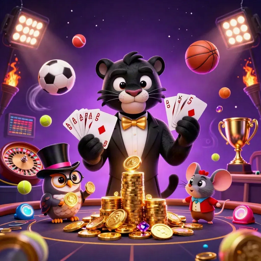 Panther, owl, and mouse in a luxe casino scene with gold coins, sports balls, and purple glow.