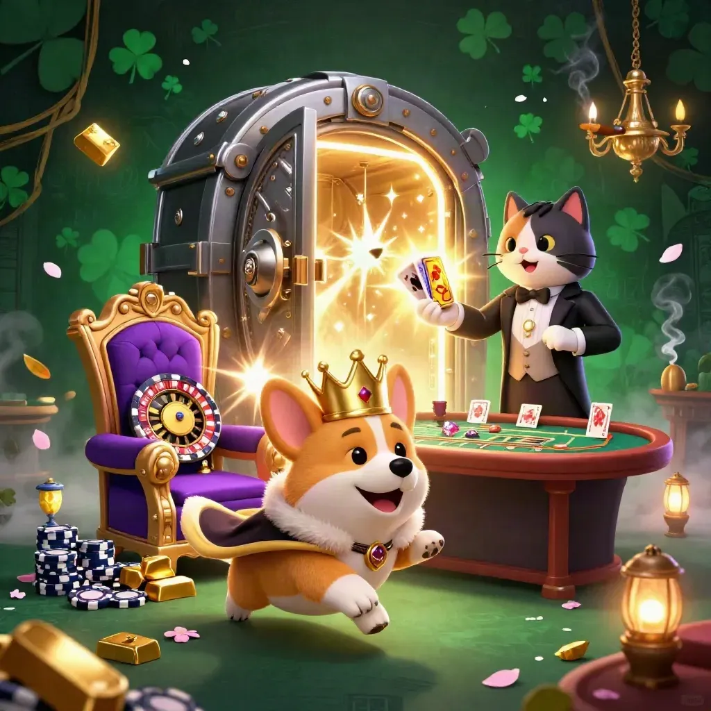 Royal corgi and cat butler in a luxe casino vault with gold, gems, and roulette spin