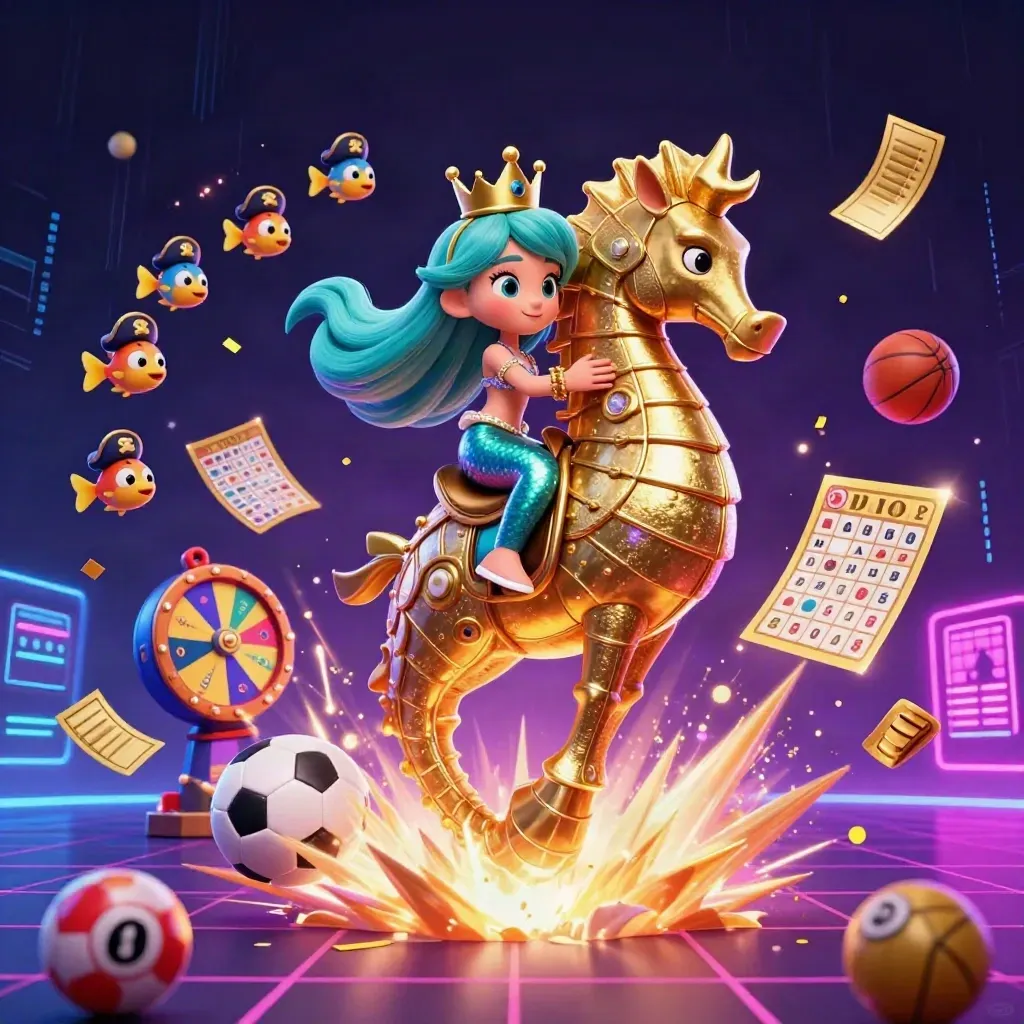 Mermaid princess on armored seahorse amid casino lights, balls, wheel, fish, and neon energy.