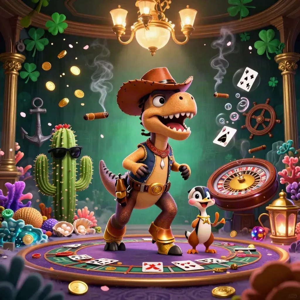 Cowboy T-Rex, cactus and roadrunner amid casino treasure, neon gold glow, chandeliers and runes.