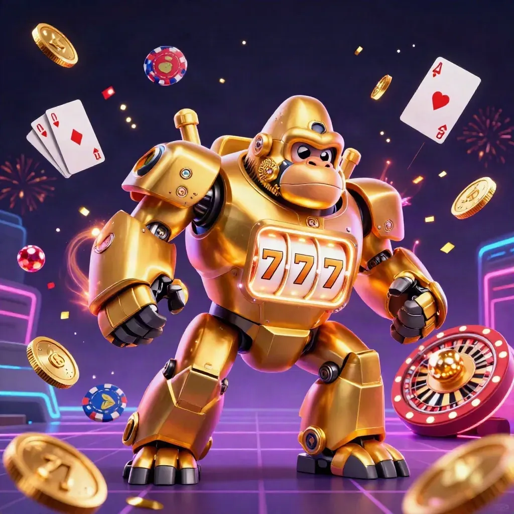 Golden gorilla mech with monkey pilot, coins, gems, roulette wheel and purple casino glow.