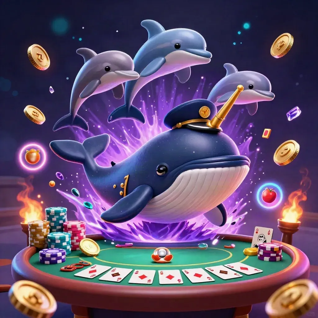 Whale captain, narwhal, and dolphins erupt through coins, cards, and casino glow.