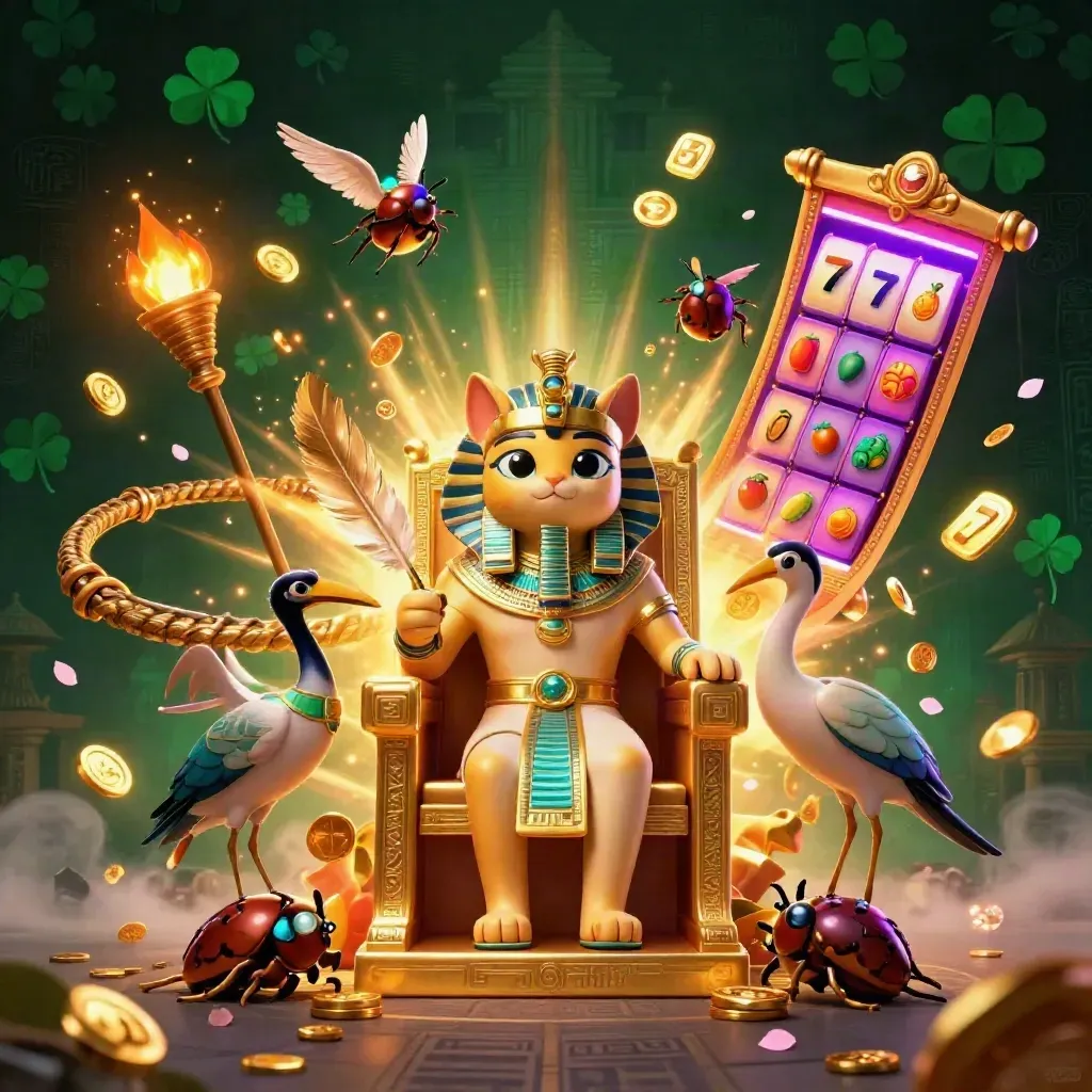 Pharaoh cat, ibis scribe, and gem-winged scarabs amid treasure, reels, and temple glow.