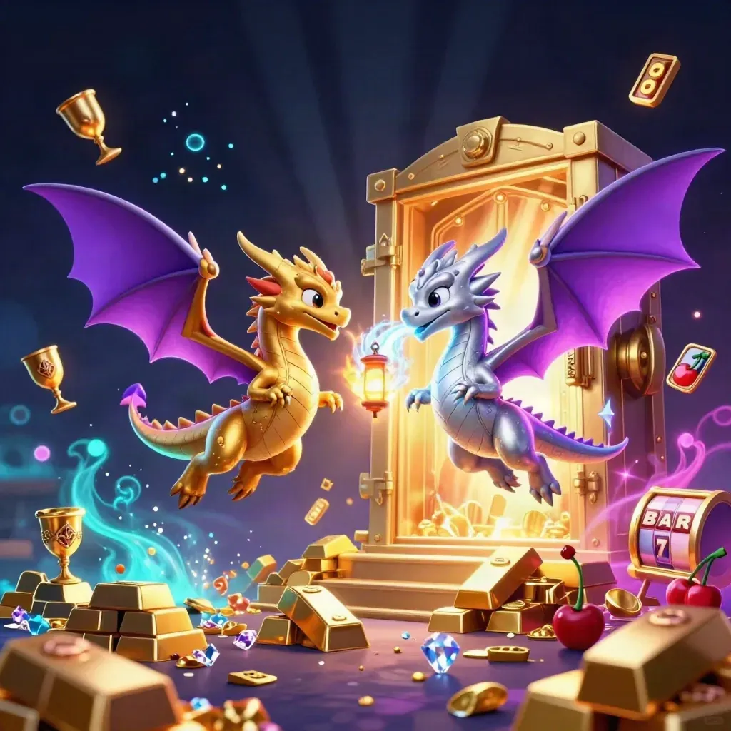 Twin gold and silver dragons in a treasure burst with glowing vault, gems, and underwater neon light
