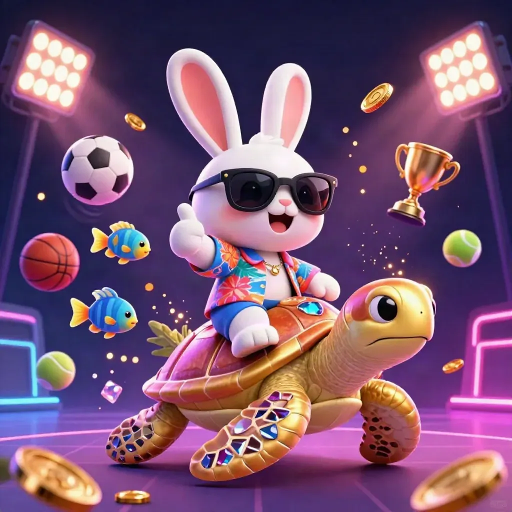 Lucky rabbit rides a gold sea turtle amid casino lights, coins, balls and neon glow.