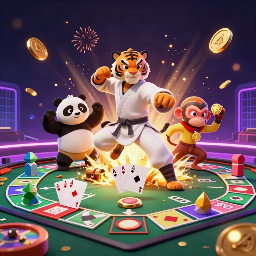 Kung-fu tiger, panda, and monkey amid casino coins, cards, chips, and fireworks.