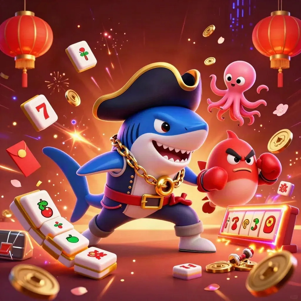Pirate shark, boxing pufferfish, and juggling octopus amid neon casino treasure burst