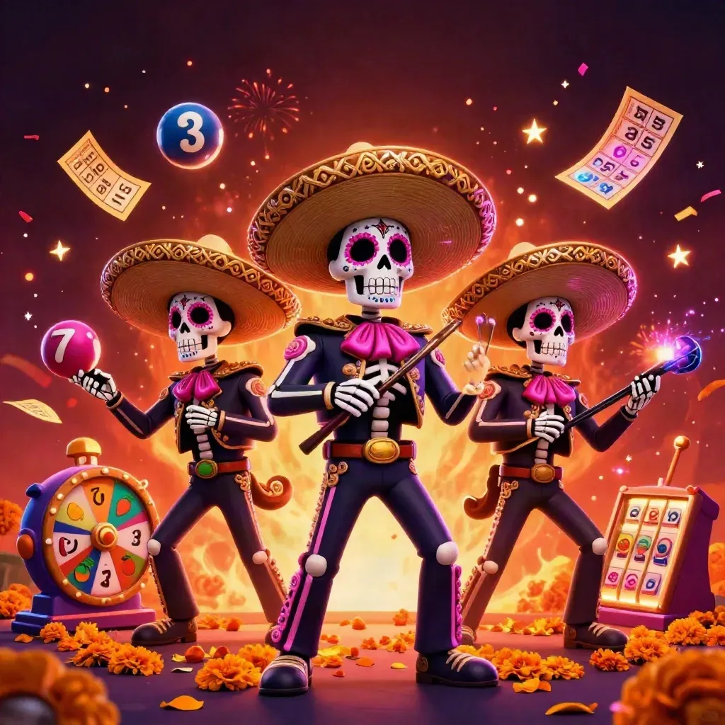 Skeleton mariachi trio with casino symbols, fireworks, and neon casino glow