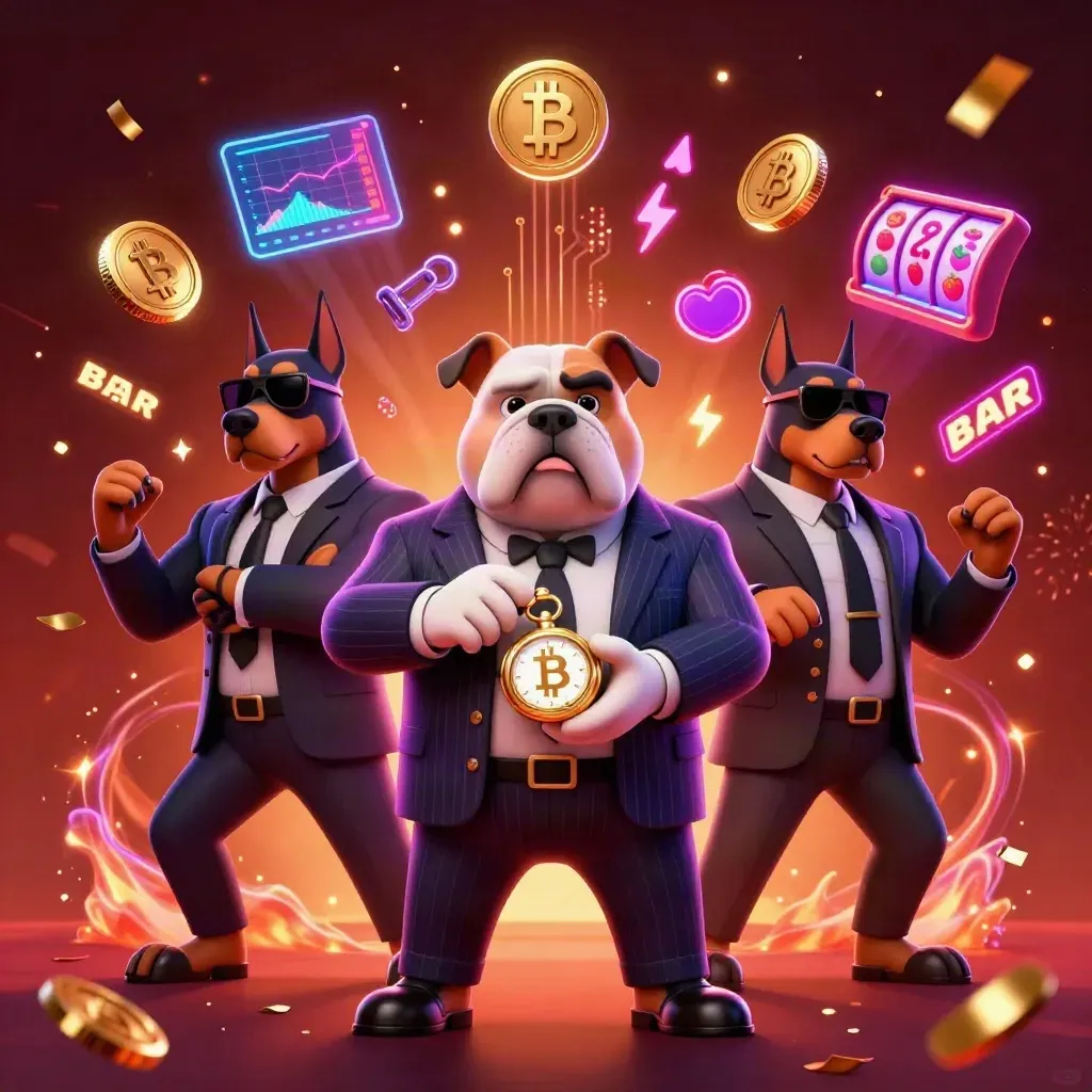 Bulldog mob boss with two Dobermans amid glowing crypto coins, reels, and casino effects.