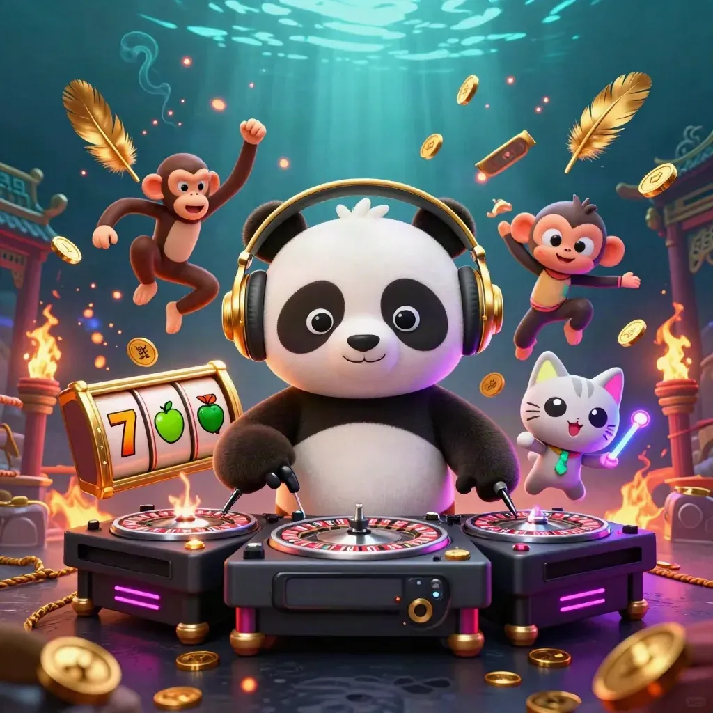 Panda DJ, dancing monkey and rave kitten amid casino reels, coins, temple gate and neon pink glow