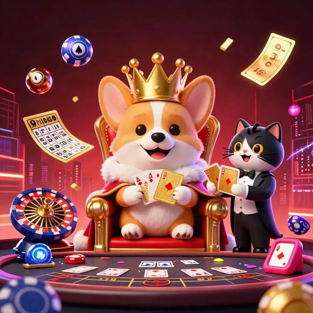 Royal corgi and cat butler amid casino prizes, neon sparks, and spinning wheels.