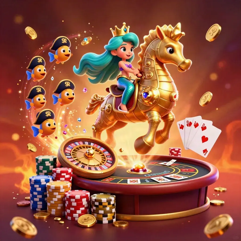 Mermaid princess on armored seahorse, casino coins, cards, chips, and glowing roulette in a fiery square
